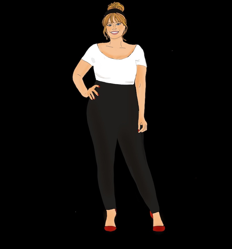 Puede incluir: Ilustraci&oacute;n de una persona con un top blanco con hombros descubiertos, pantalones negros y zapatos rojos. La persona tiene el pelo rubio recogido en un mo&ntilde;o y est&aacute; sonriendo. El fondo es negro.
