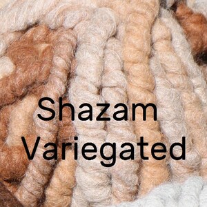 May include: Close-up of a variegated yarn skein in shades of brown, beige, and white. The yarn is labeled "Shazam Variagated".