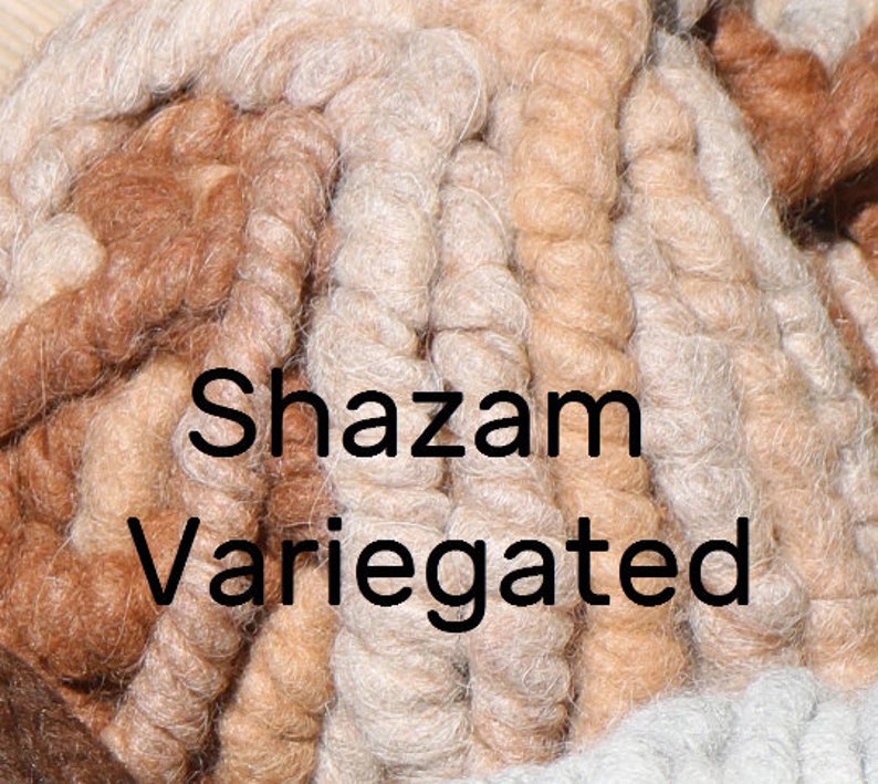 May include: Close-up of a variegated yarn skein in shades of brown, beige, and white. The yarn is labeled "Shazam Variagated".