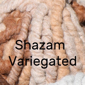 May include: A skein of thick, twisted yarn featuring a variegated color palette of light beige, tan, and medium brown tones. The text 'Shazam Variegated' is printed in black letters across the center of the textured, fibrous yarn strands.