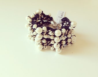 Handmade Pearl Bracelet: Black Cord, Silver Filled Chain