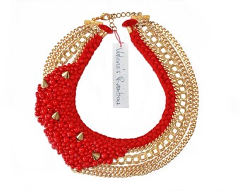 Handmade Red Coral Statement Necklace: Gold Chain & Spike Beaded Jewelry