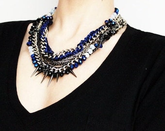 Handmade Silver Plated Chunky Chain Necklace: Crystal Beads & Spikes