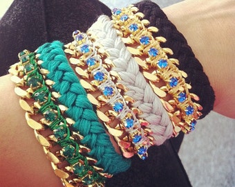 Gold Plated Chain Bracelet: Colorful Swarovski Crystals & Braids