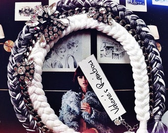 Handmade Braided Necklace: Silver Chain, Cotton Thread, Swarovski Crystals