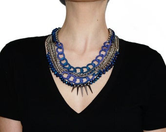 Blue Spike Statement Necklace: Chunky Chain, Crystal Beads