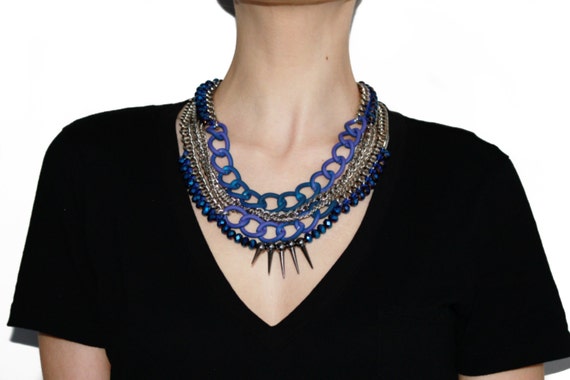 Blue Spike Necklace, Chunky Chain Necklace, Statement Necklace