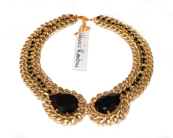 Gold Plated Chain Bib Necklace: Black Swarovski Crystal Statement