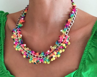 Handmade Rainbow Beaded Necklace: Silver Chain Colorful Statement