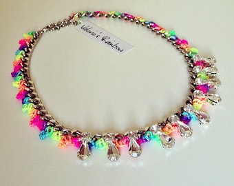 Handmade Rainbow Threadwork Necklace: Swarovski Rhinestone Statement Jewelry