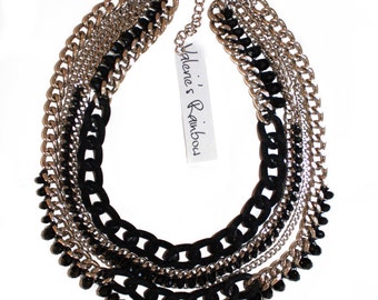 Handmade Black Spike Chain Necklace: Crystal Bead Statement Jewelry