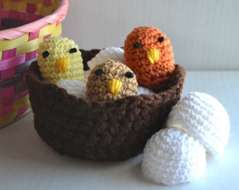 Chicks and Eggs, SET OF 3 Yellow, Orange, & Brown Birds, Handmade Toddler Toy, Crochet Birds Nest, Birthday Gift, Baby Shower Ideas
