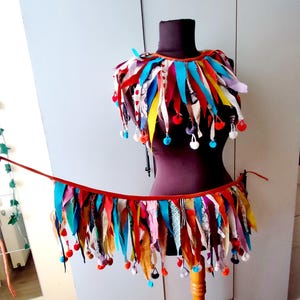 Colorful jester collar and belt set, Harlequin costume accessory. fairy pixie fabric for shoulders