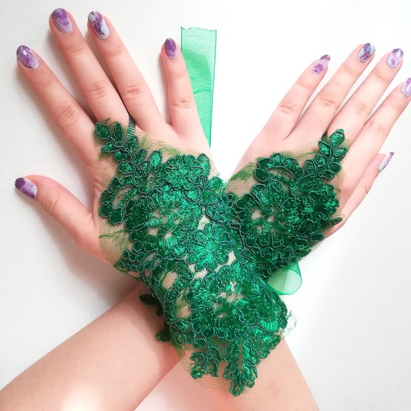 Green lace gloves fingerless emerald green gloves