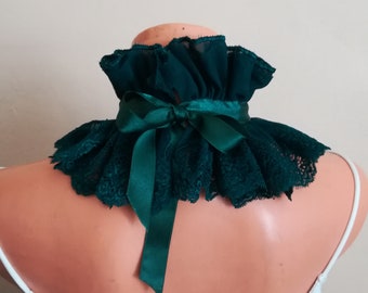 Green ruffle collar lace choker, Vicrorian style lace collars, dark green ruff teal neck collar