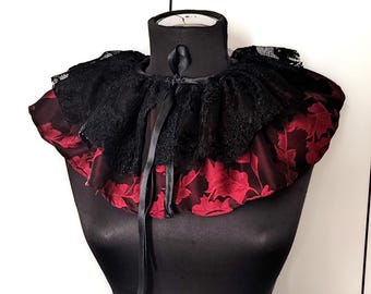Col à volants noir et rouge, col clown pierrot en satin avec dentelle noire