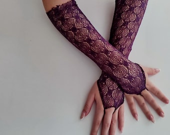 Purple long fingerless gloves womens evening opera length  elbow formal gloves plus lace glove