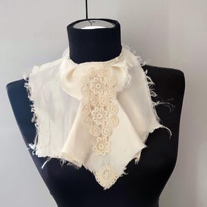 Hand sewn shabby chic jabot collar light cream neck piece Victorian style inspired assymetrical frayed satin