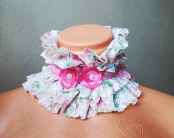 Floral Detachable Collar, ruffle lace bib collar Pink highneck Elizabethan ruffle collar