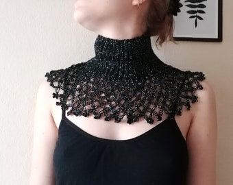 Black short cape shoulder cover up knitted wedding collar crochet black capelet colorful sparkles