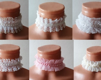 Beaded ruffled choker necklace ruffle collar lace choker with pearl