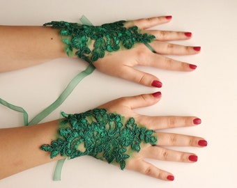 Green lace gloves, Emerald wedding gloves bridal wedding gloves Damask lace green fingerless gloves