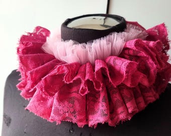Pink ruffle collar, victorian lace colars Fuchsia clown choker  Elizabethan ruff style detachable neckpiece