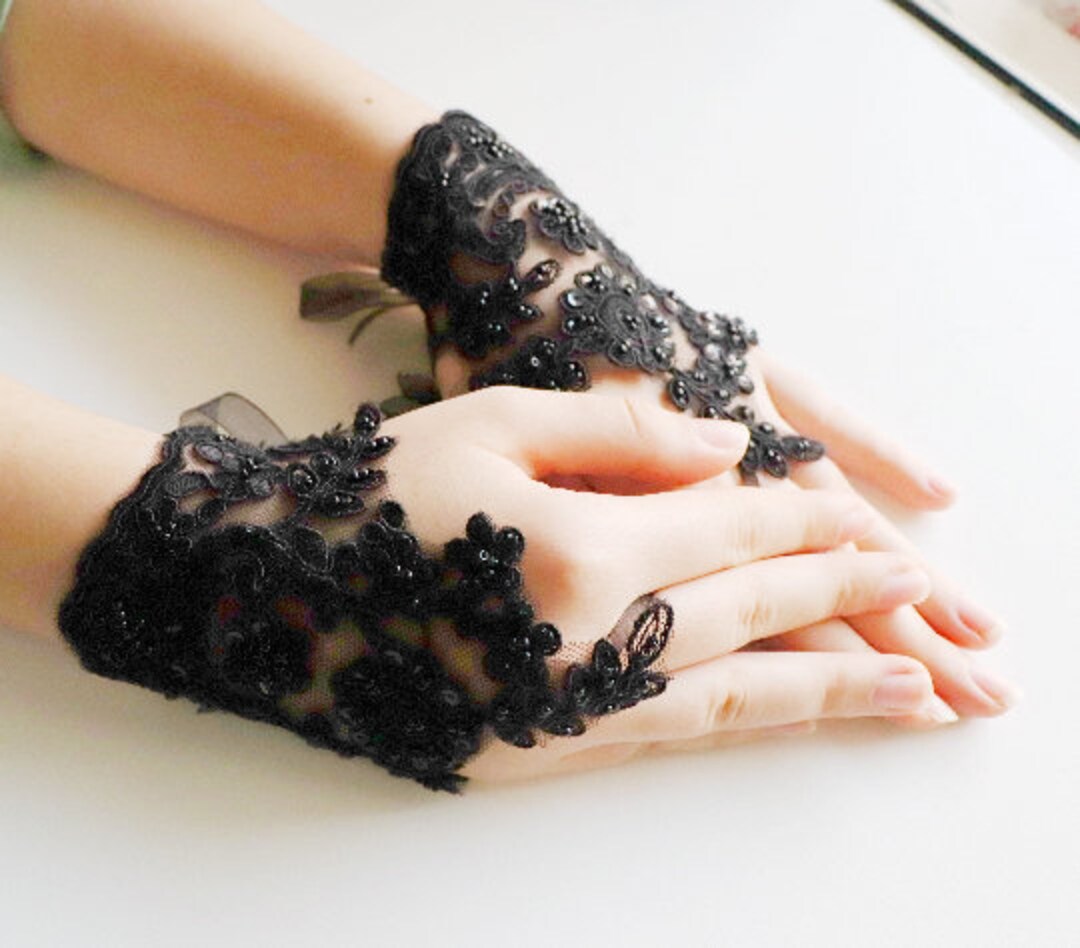 EMBROIDERED LACE MESH GLOVES BLACK 462433