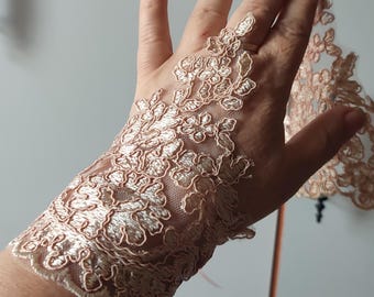 Taube rosa Spitzenhandschuhe, Babyrosa Hochzeitshandschuhe fingerlose Damenhandschuhe aus Spitze für Braut