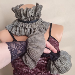 Schwarz und grau Hals Rüschenkragen und Manschetten Set