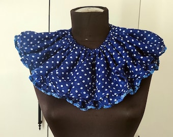 Polka dot detachable clown collar, indigo ruffled pierrot collar large dotty neck collar