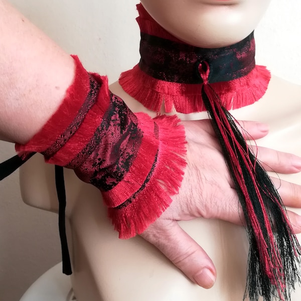 Black and Red Removable Collar, Textile Detachable Frill Collar Frayed Edges Women Collar Set With Long Tassel