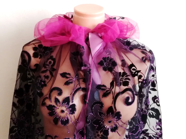 Purple and Black Sheer Lace Cape Short Wedding Capelet shoulder cover image 1