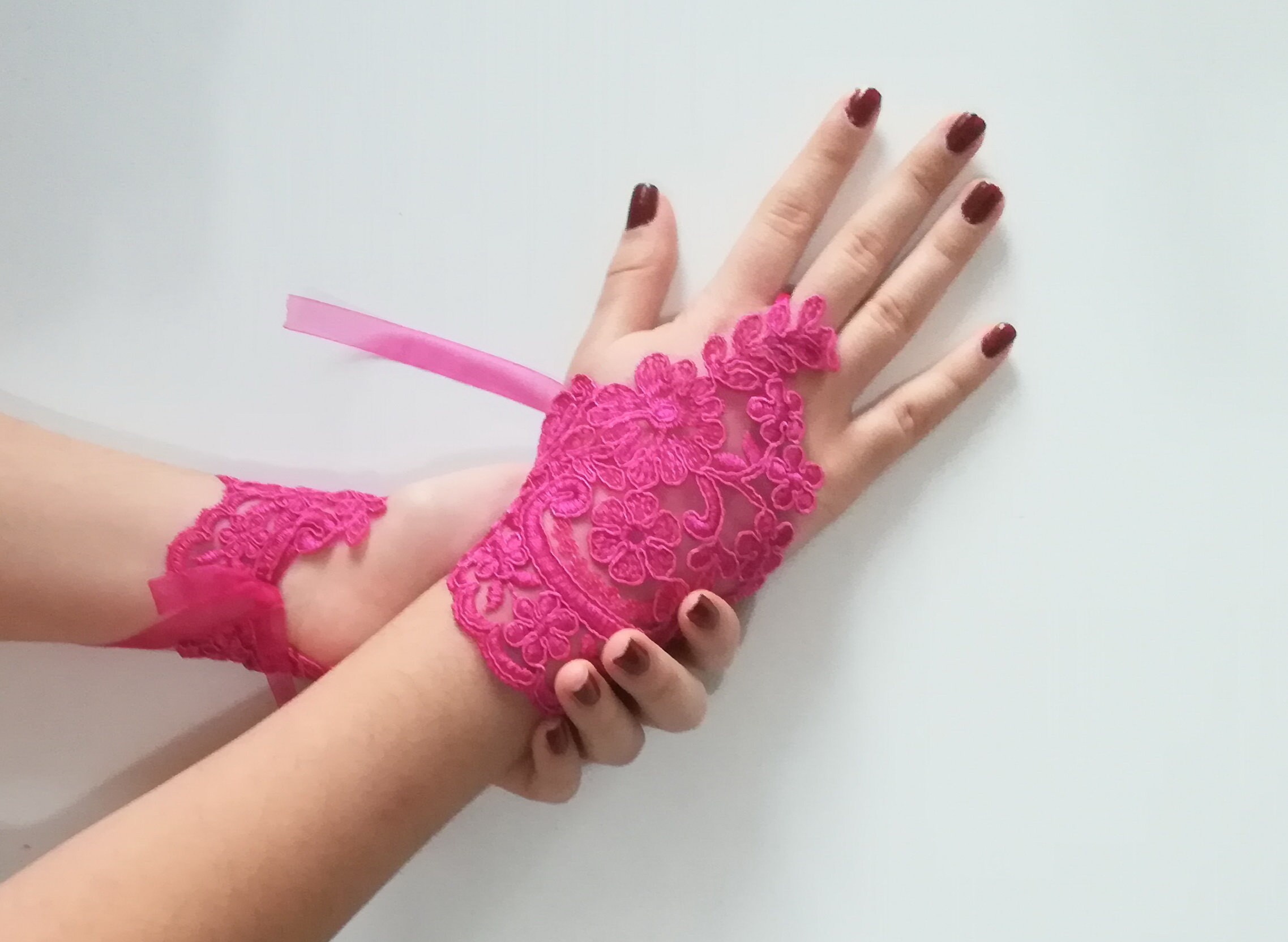Pink Lace Fingerless Gloves Pink Wedding Gloves Lace Gloves
