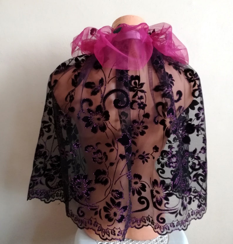 Purple and Black Sheer Lace Cape Short Wedding Capelet shoulder cover image 5