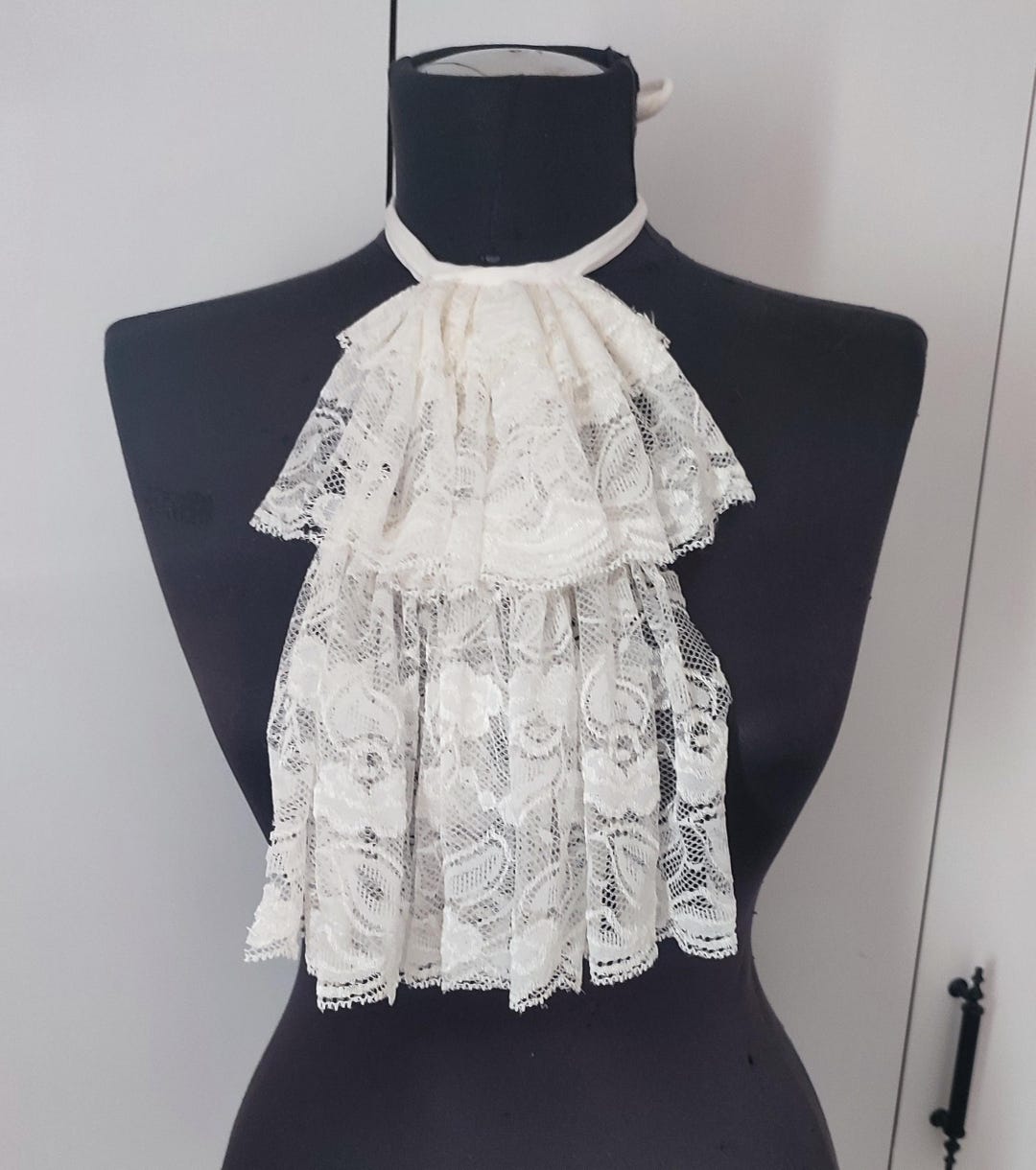 White Ruffle Jabot Ruffled Lace Jabot Adult Women and Men Ivory White Retro Renaissance ...