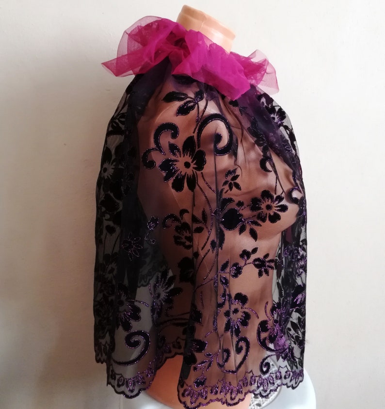 Purple and Black Sheer Lace Cape Short Wedding Capelet shoulder cover image 4