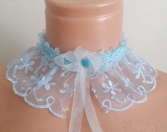 Blue Fake Lace Collar Necklace, Organza Lace Collar, Removable Fake Collar