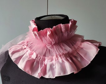 Pink ruffle collar, Victorian style vintage fabric and tulle neck ruff, pink collar necklace for womens