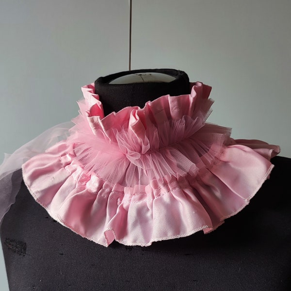 Pink ruffle collar, Victorian style vintage fabric and tulle neck ruff, pink collar necklace for womens