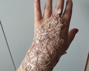 Powder pink lace gloves, Baby pink wedding gloves fingerless lace women's gloves for bridal