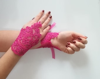 Pink lace fingerless gloves pink wedding gloves, lace gloves fingerless floral overlay