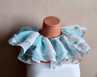 Blau-Weiß-Organza-Tüll-Clownkragen elastischer Halskrause, elastischer Zirkuskragen
