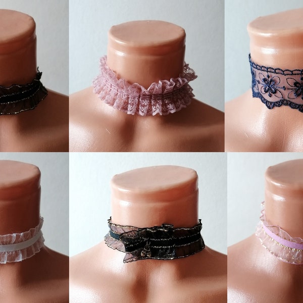 Elastic pink ruffle choker lace necklace,  Black stretchy ribbon choker