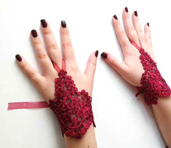 Burgundy Lace Gloves Fingerless Shiny Frame Flower Dark Red Fingerless Gloves Etsy UK