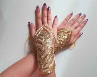 Gold lace gloves leaf bridal fingerless gloves, gold fingerless lace gloves