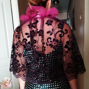 Purple and Black Sheer Lace Cape Short Wedding Capelet shoulder cover image 10