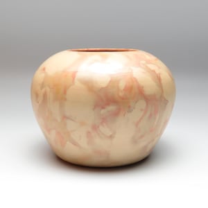 Small Round Ceramic Vase: Wheel Thrown Earthenware Pottery with Ivory Rutile Terra Sigillata, Blue-to-Red Fire Cloud Effect
