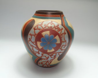 Ceramic Vase "Teamwork Circle" - Multi-colored Terra Sigillata - Grey to Blue Cloud Effect - Wheel Thrown Hand Carved Pottery