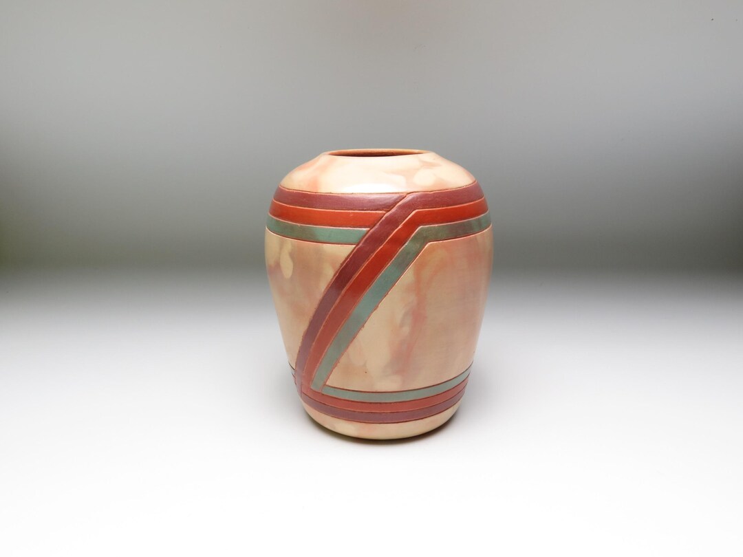 Banded Geometric Ceramic Vase: Wheel Thrown Earthenware Pottery With ...